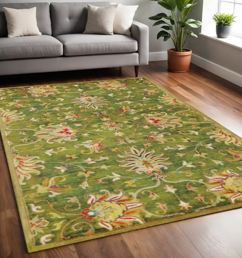 Green Red And Ivory Wool Floral Medallion Hand Tufted Area Rug Photo 1
