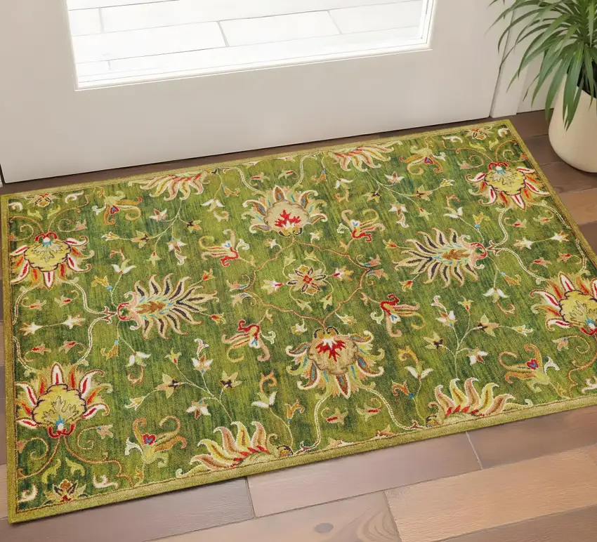Green Red And Ivory New Zealand Lambs Wool Floral Medallion Hand Tufted Area Rug Photo 1