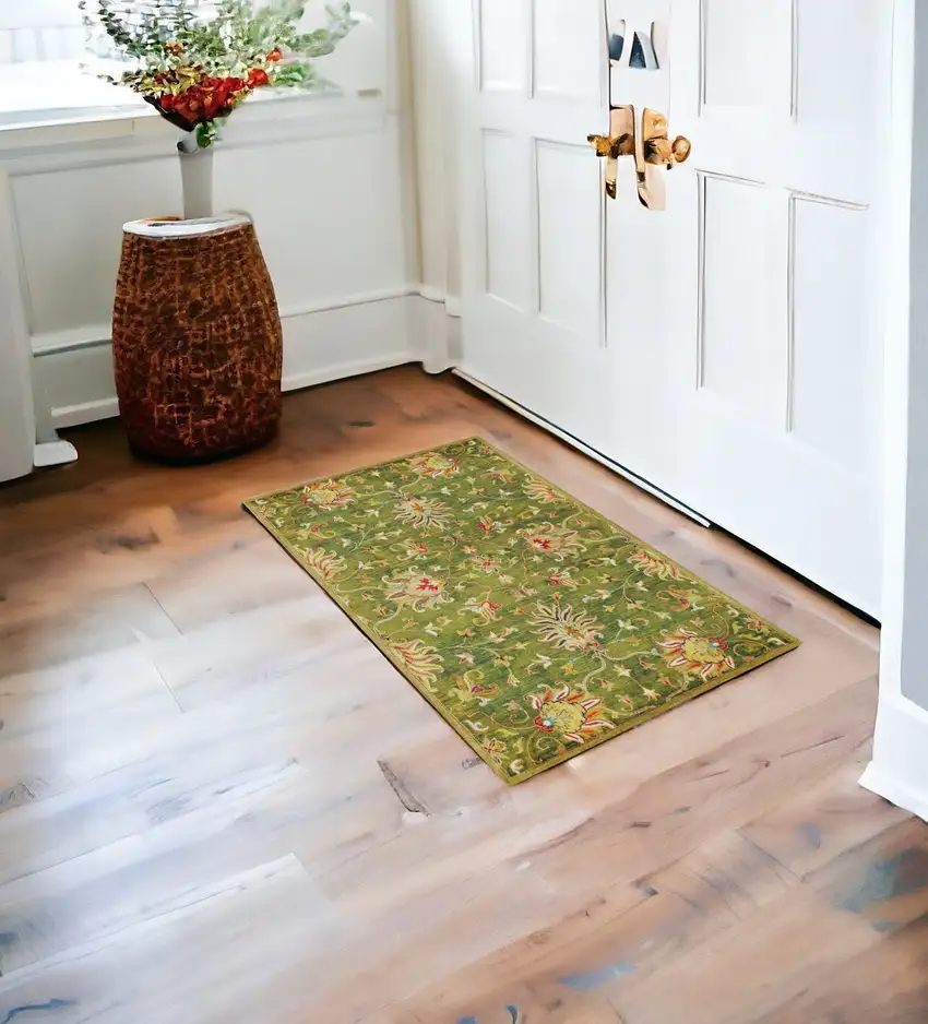 3'X5' Emerald Green Hand Tufted Wool Traditional Floral Indoor Area Rug Photo 1