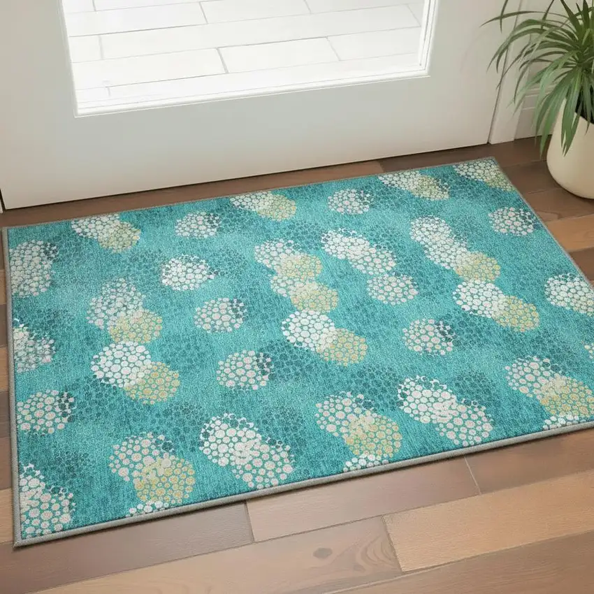 Emerald Ivory And Aqua Polka Dot Washable Area Rug With UV Protection Photo 2