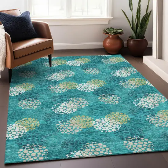 Emerald Ivory And Aqua Polka Dot Washable Area Rug With UV Protection Photo 5