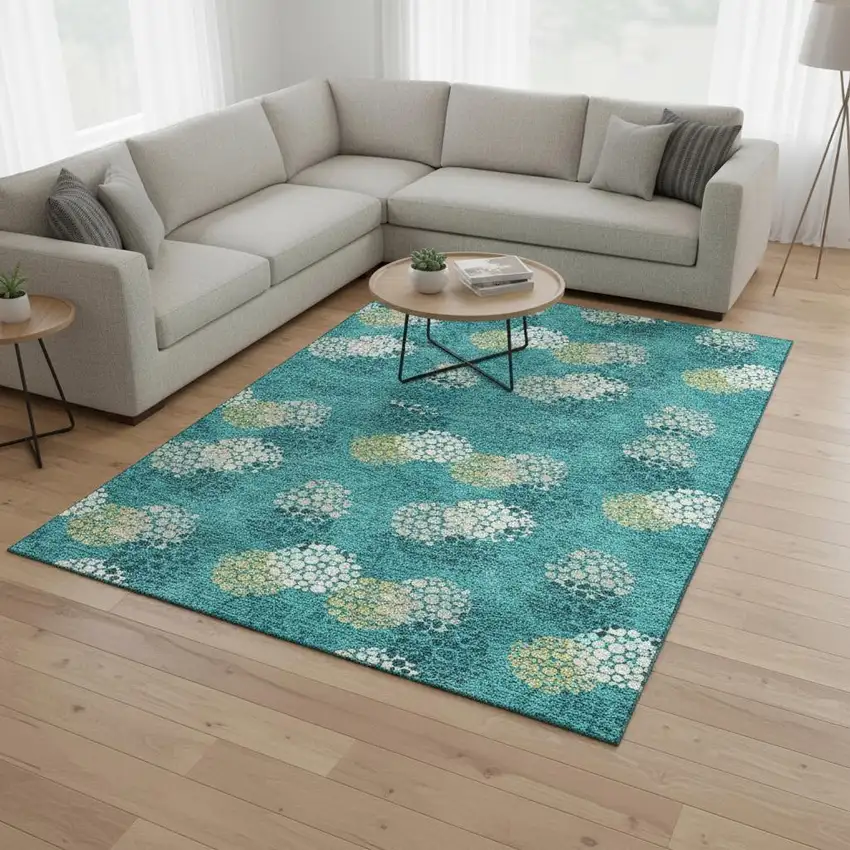 Emerald Ivory And Aqua Polka Dot Washable Area Rug With UV Protection Photo 2