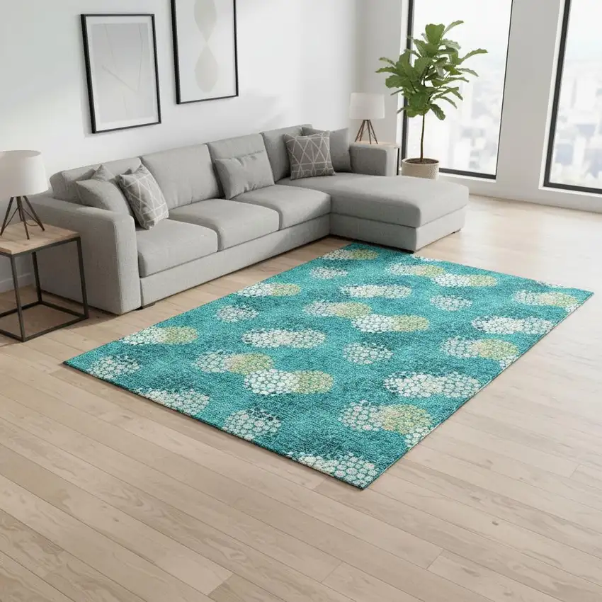 Emerald Ivory And Aqua Polka Dot Washable Area Rug With UV Protection Photo 2