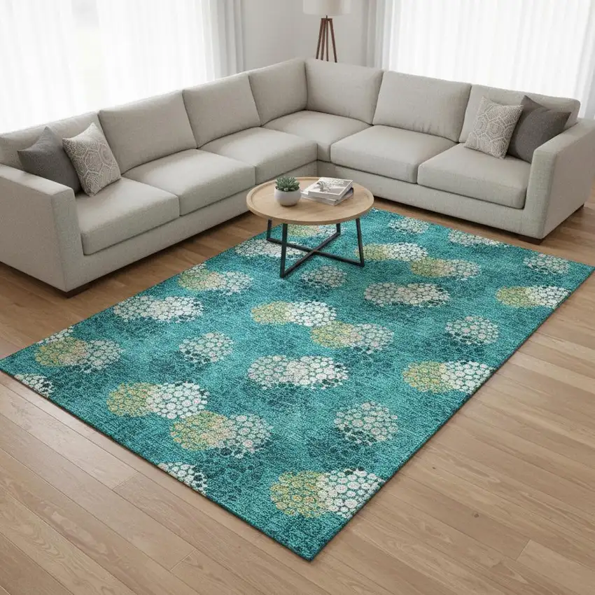 Emerald Ivory And Aqua Polka Dot Washable Area Rug With UV Protection Photo 2