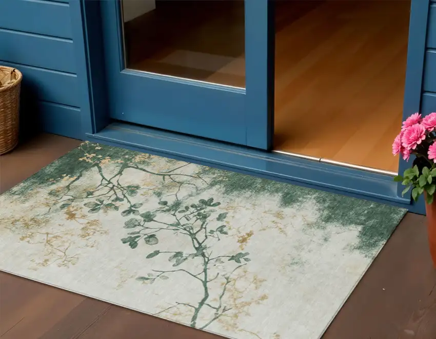 Emerald Ivory And Gold Floral Washable Indoor Outdoor Area Rug Photo 2