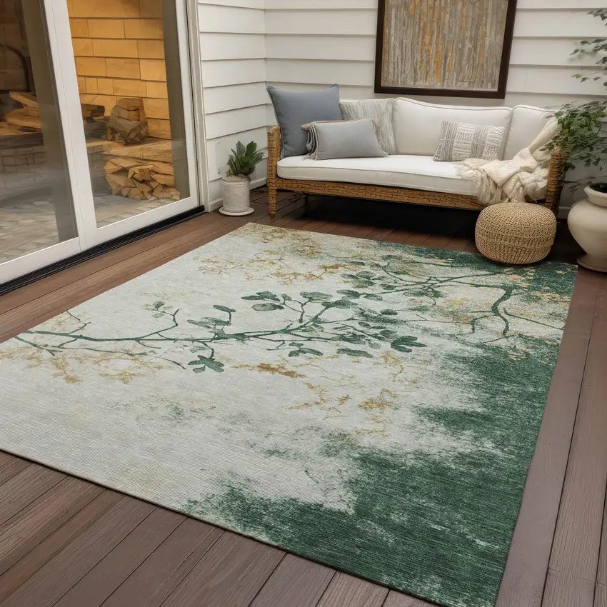 Emerald Ivory And Gold Floral Washable Indoor Outdoor Area Rug Photo 6