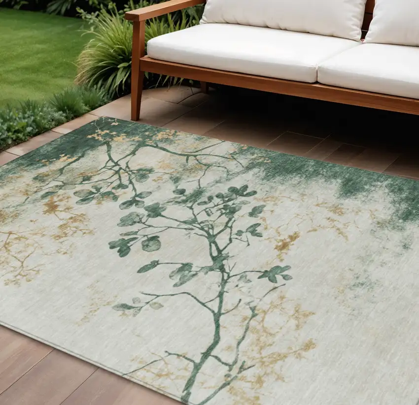 Emerald Ivory And Gold Floral Washable Indoor Outdoor Area Rug Photo 2