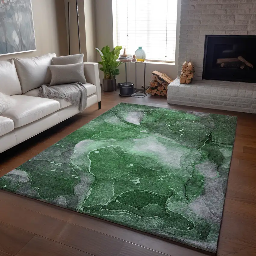 Emerald Ivory And Gray Abstract Washable Area Rug With UV Protection Photo 5