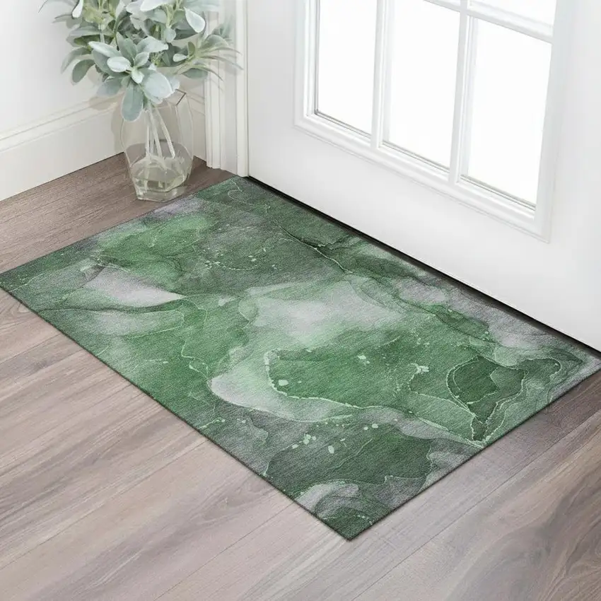 Emerald Ivory And Gray Abstract Washable Area Rug With UV Protection Photo 1