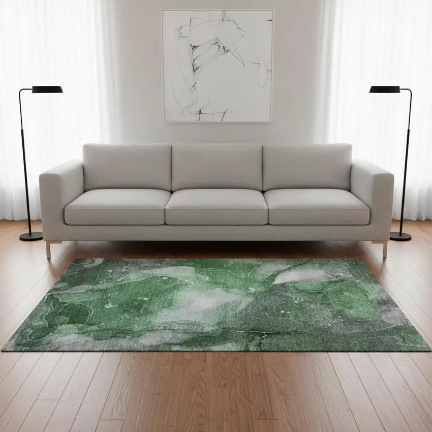 Emerald Ivory And Gray Abstract Washable Area Rug With UV Protection Photo 1