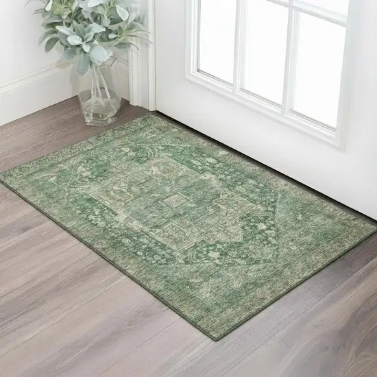 Emerald Ivory And Taupe Oriental Washable Area Rug With UV Protection Photo 2