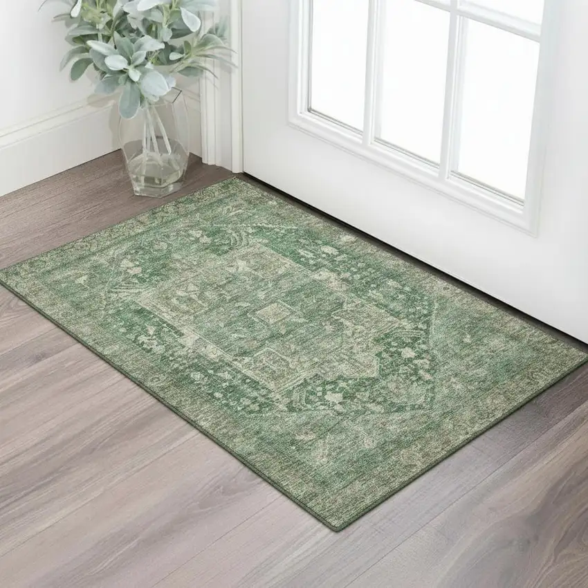 Emerald Ivory And Taupe Oriental Washable Area Rug With UV Protection Photo 2
