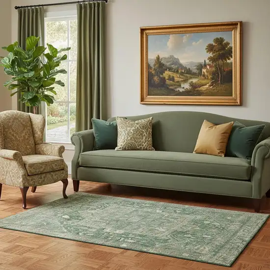 Emerald Ivory And Taupe Oriental Washable Area Rug With UV Protection Photo 2