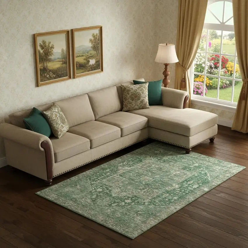 Emerald Ivory And Taupe Oriental Washable Area Rug With UV Protection Photo 2