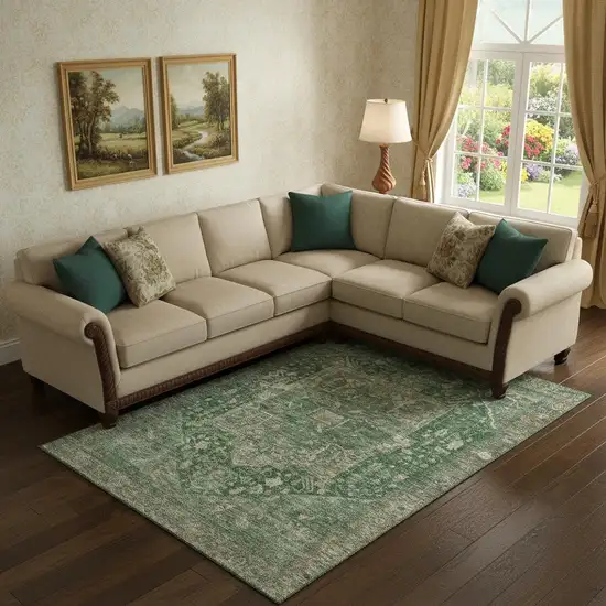 Emerald Ivory And Taupe Oriental Washable Area Rug With UV Protection Photo 2