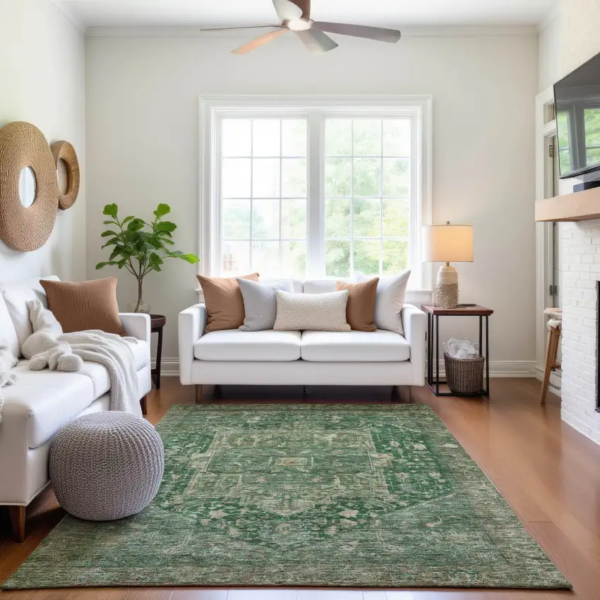 Emerald Ivory And Taupe Oriental Washable Area Rug With UV Protection Photo 5