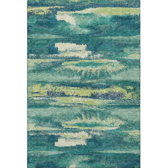 Emerald Ivory And Teal Abstract Washable Area Rug With UV Protection Photo 3