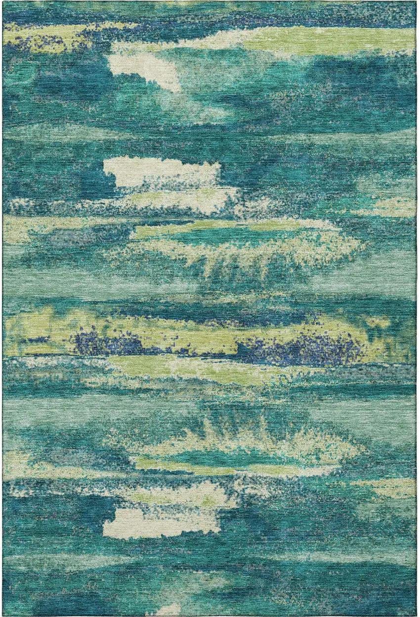 Emerald Ivory And Teal Abstract Washable Area Rug With UV Protection Photo 3