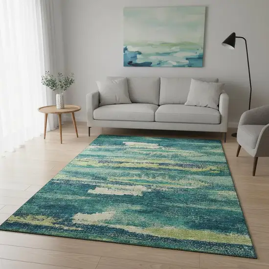 Emerald Ivory And Teal Abstract Washable Area Rug With UV Protection Photo 2
