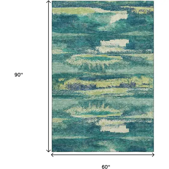 Emerald Ivory And Teal Abstract Washable Area Rug With UV Protection Photo 3