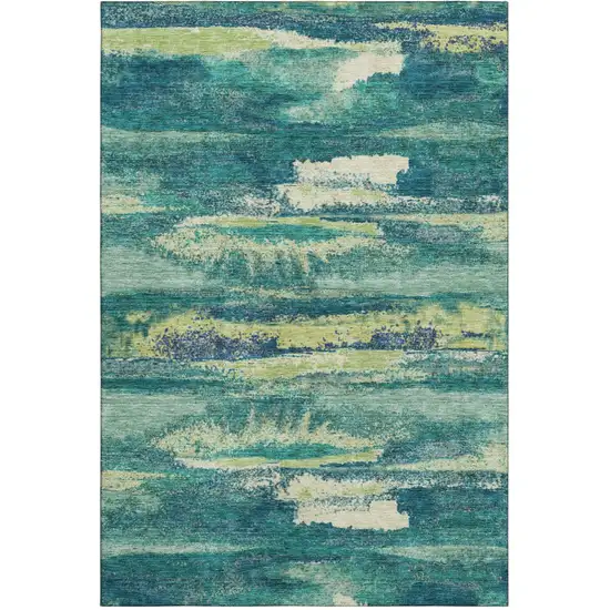 Emerald Ivory And Teal Abstract Washable Area Rug With UV Protection Photo 2
