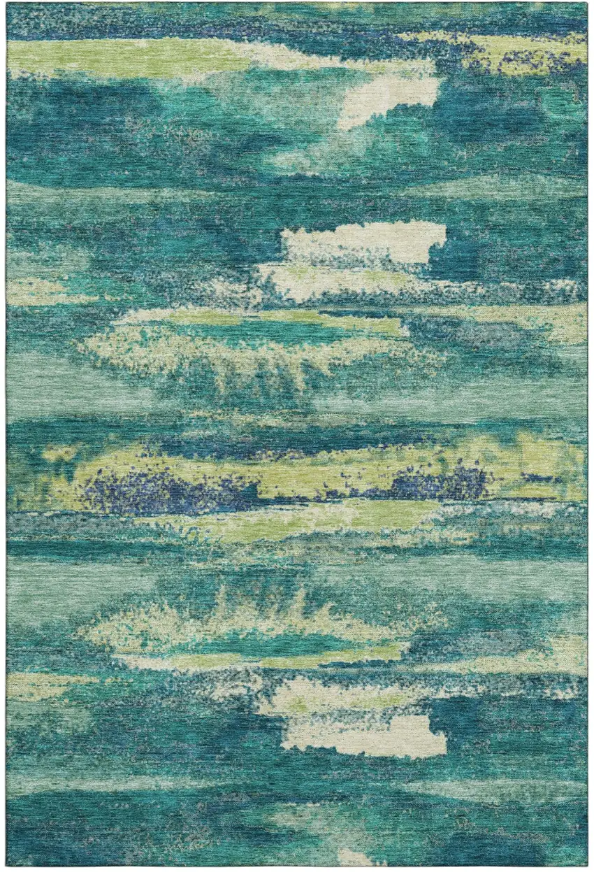 Emerald Ivory And Teal Abstract Washable Area Rug With UV Protection Photo 2