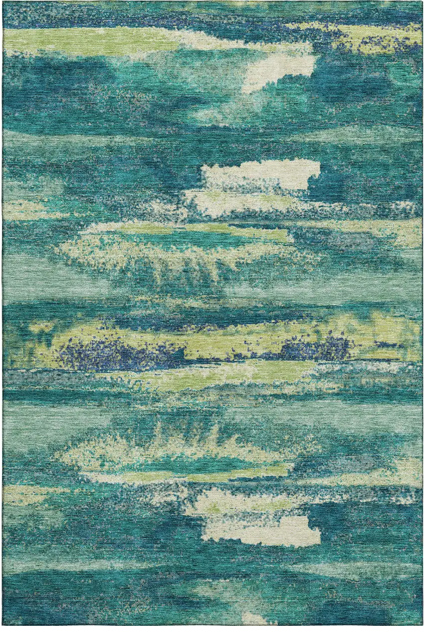 Emerald Ivory And Teal Abstract Washable Area Rug With UV Protection Photo 1