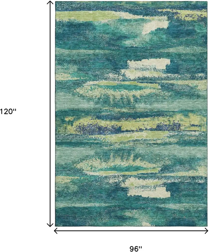 Emerald Ivory And Teal Abstract Washable Area Rug With UV Protection Photo 9