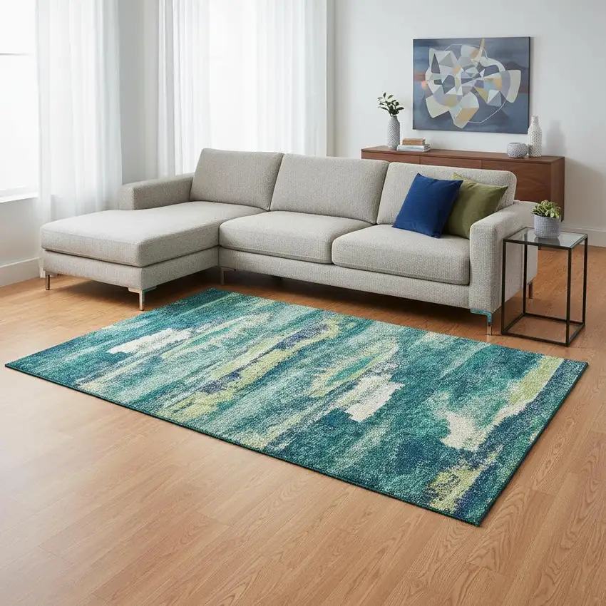 Emerald Ivory And Teal Abstract Washable Area Rug With UV Protection Photo 2