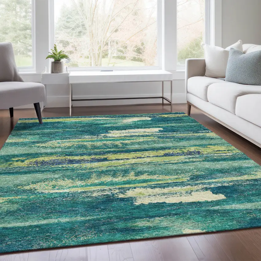 Emerald Ivory And Teal Abstract Washable Area Rug With UV Protection Photo 4