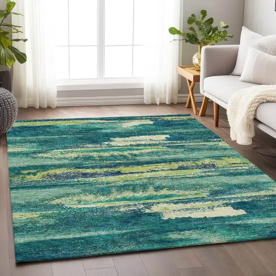Emerald Ivory And Teal Abstract Washable Area Rug With UV Protection Photo 3