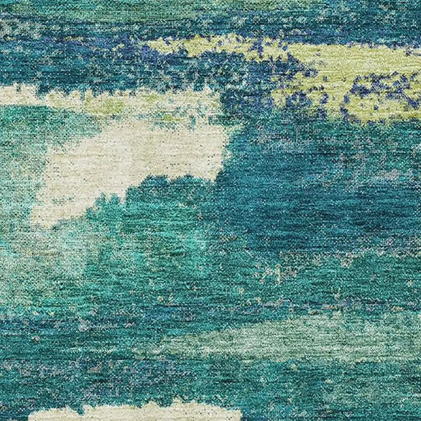 Emerald Ivory And Teal Abstract Washable Area Rug With UV Protection Photo 3