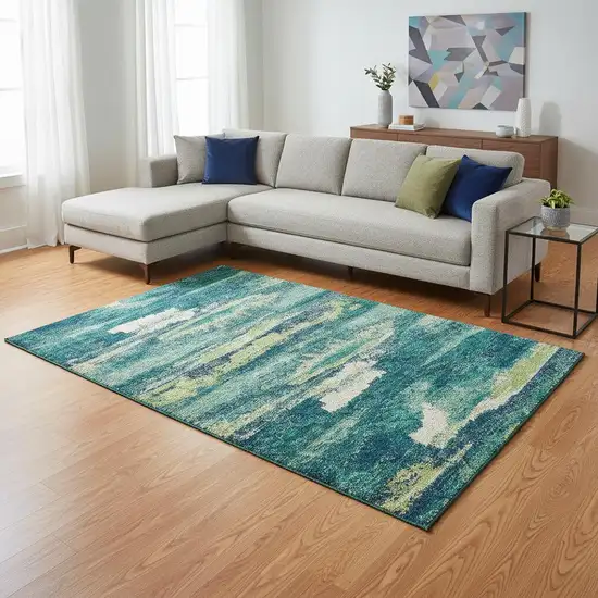 Emerald Ivory And Teal Abstract Washable Area Rug With UV Protection Photo 2