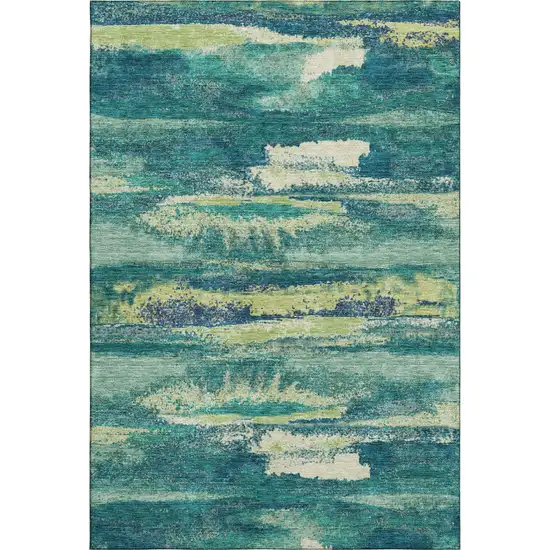 Emerald Ivory And Teal Abstract Washable Area Rug With UV Protection Photo 1