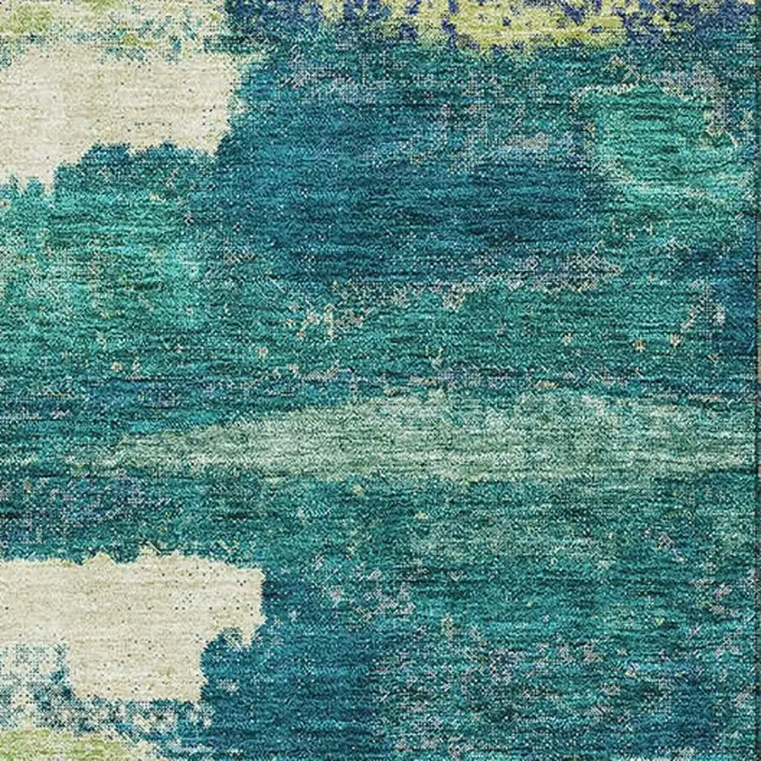 Emerald Ivory And Teal Abstract Washable Area Rug With UV Protection Photo 2