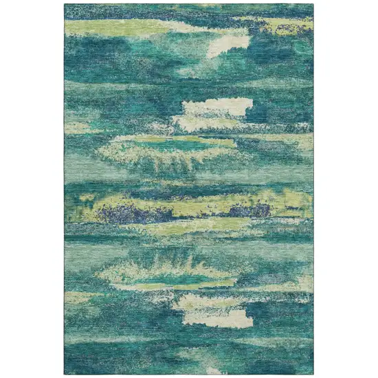 Emerald Ivory And Teal Abstract Washable Area Rug With UV Protection Photo 2