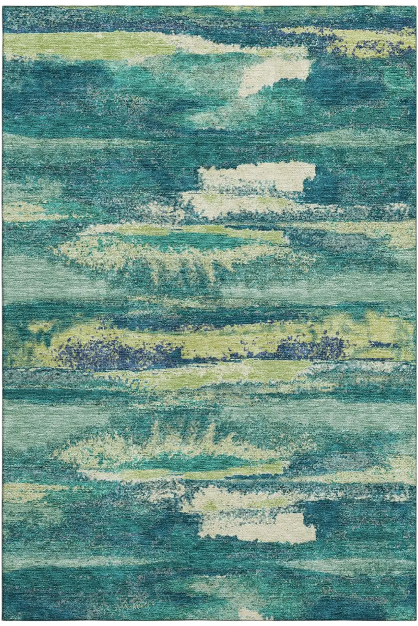 Emerald Ivory And Teal Abstract Washable Area Rug With UV Protection Photo 2