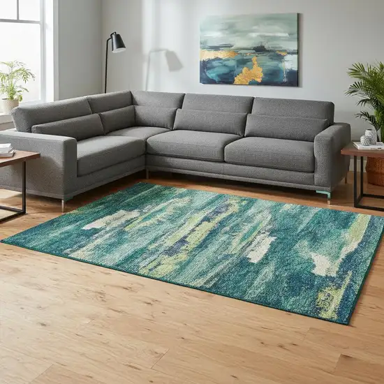 Emerald Ivory And Teal Abstract Washable Area Rug With UV Protection Photo 2