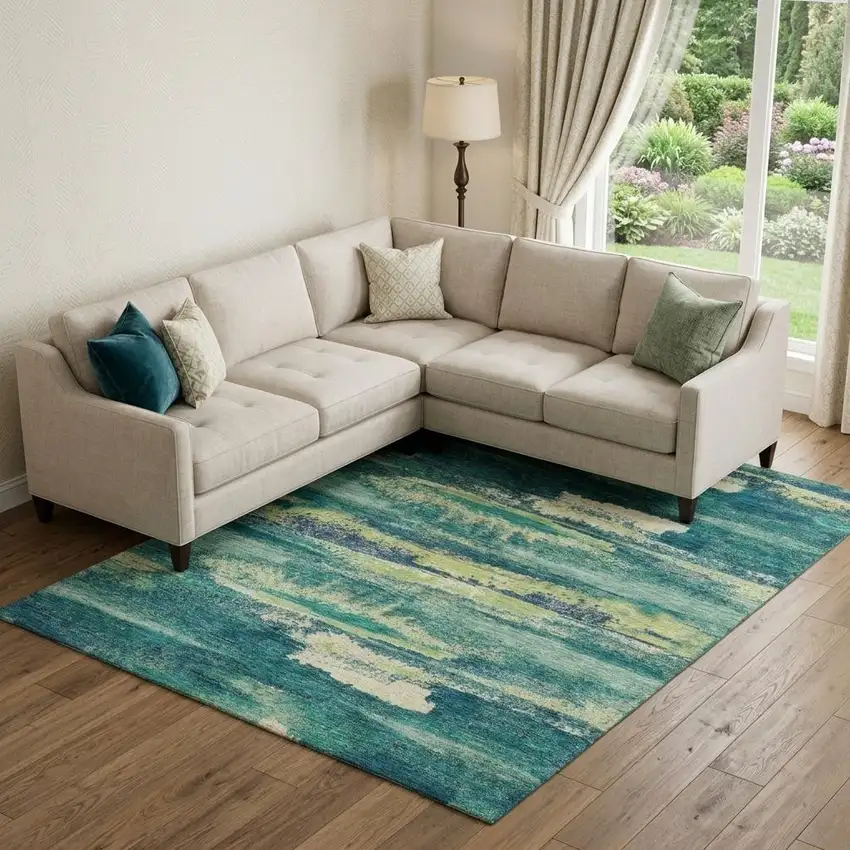 Emerald Ivory And Teal Abstract Washable Area Rug With UV Protection Photo 1