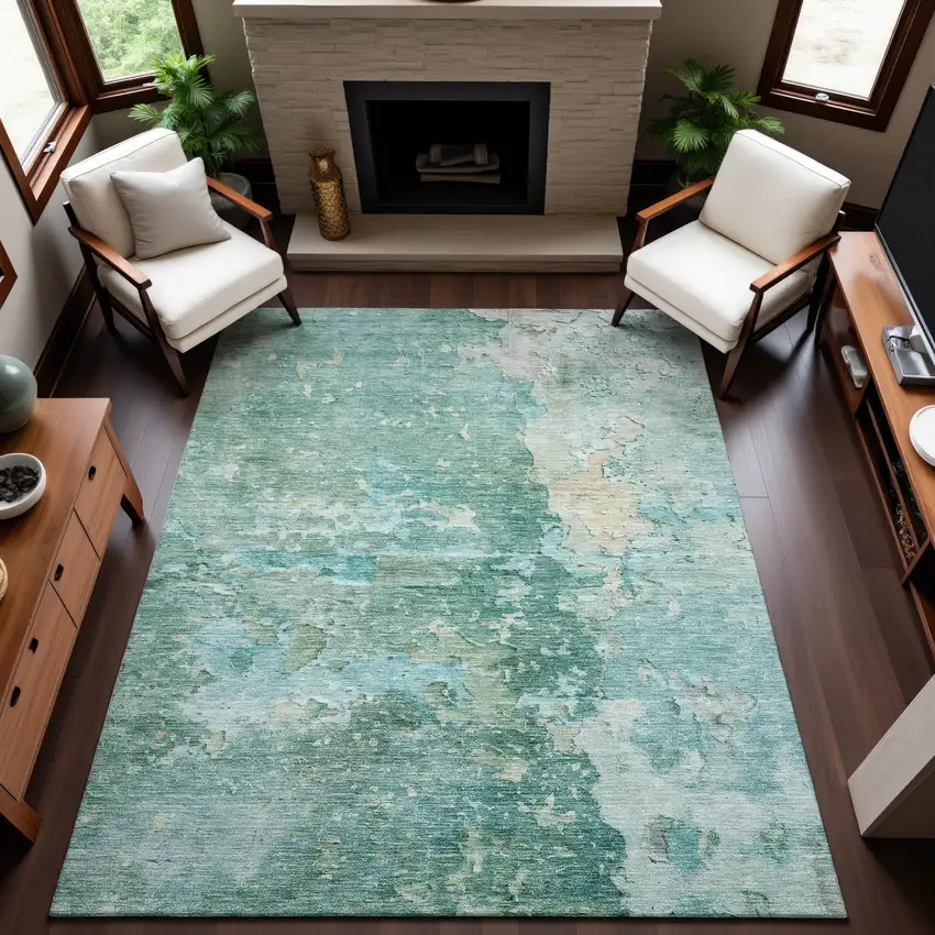 Emerald Pale Aqua And Ivory Abstract Washable Area Rug With UV Protection Photo 5