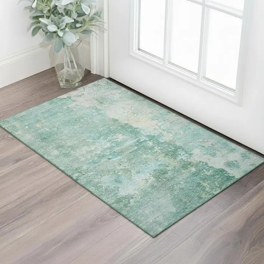 Emerald Pale Aqua And Ivory Abstract Washable Area Rug With UV Protection Photo 2