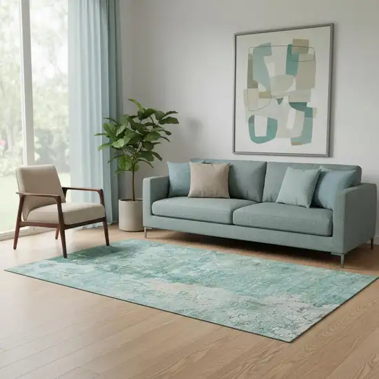 Emerald Pale Aqua And Ivory Abstract Washable Area Rug With UV Protection Photo 2