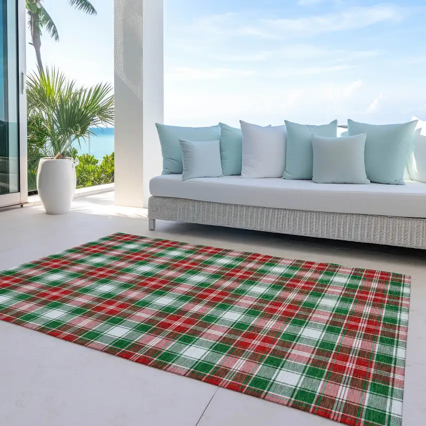 Emerald Red And White Plaid Washable Indoor Outdoor Area Rug Photo 5