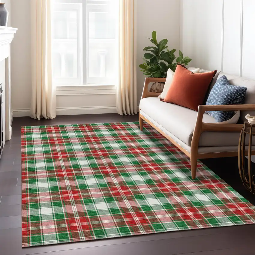 Emerald Red And White Plaid Washable Indoor Outdoor Area Rug Photo 7