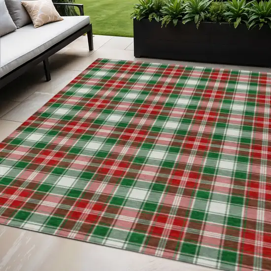 Emerald Red And White Plaid Washable Indoor Outdoor Area Rug Photo 2