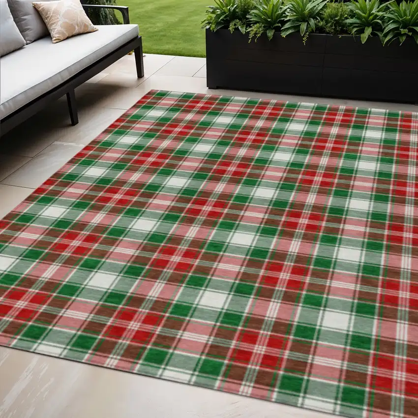Emerald Red And White Plaid Washable Indoor Outdoor Area Rug Photo 2