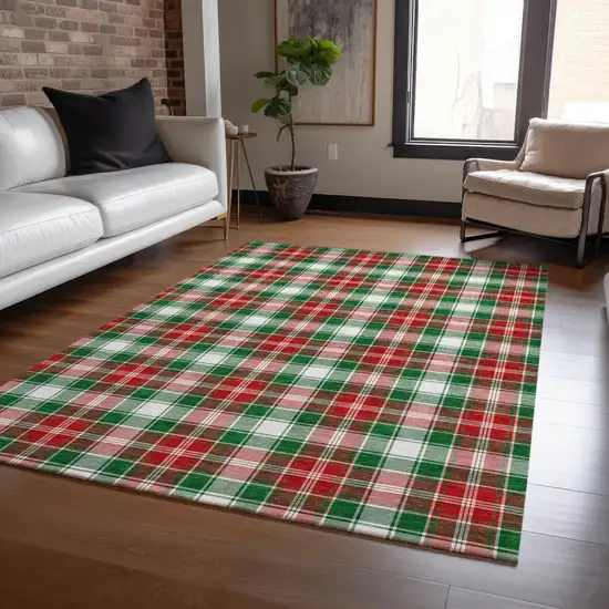 Emerald Red And White Plaid Washable Indoor Outdoor Area Rug Photo 6
