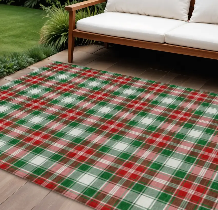 Emerald Red And White Plaid Washable Indoor Outdoor Area Rug Photo 2
