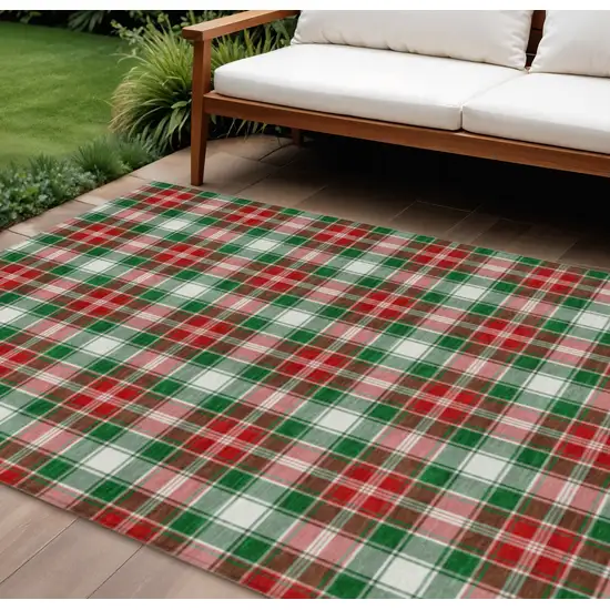 Emerald Red And White Plaid Washable Indoor Outdoor Area Rug Photo 2
