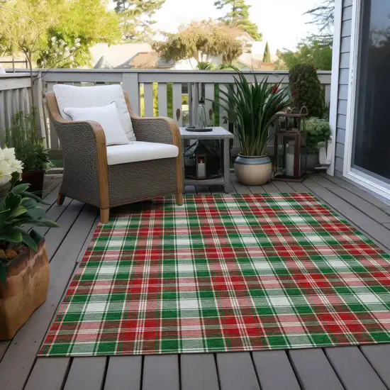 Emerald Red And White Plaid Washable Indoor Outdoor Area Rug Photo 8